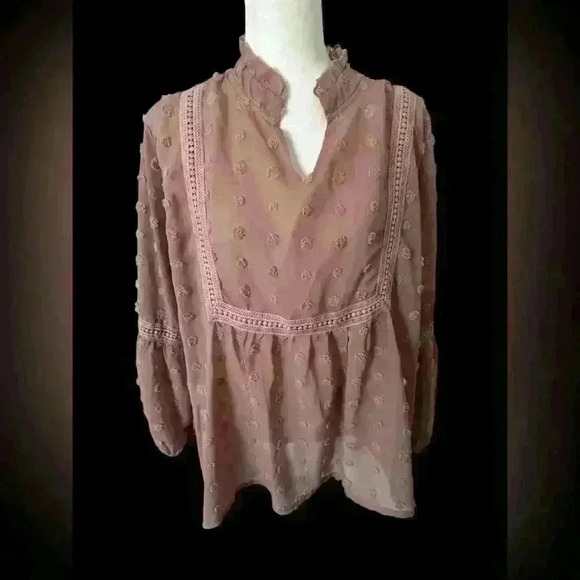Tops - Boho Swiss Dot Ruffle Trim Sheer Blouse - Mauve, Size XL
